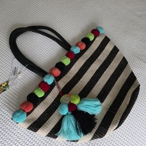 NEW Colorful Pom-Pom Striped Tote Bag